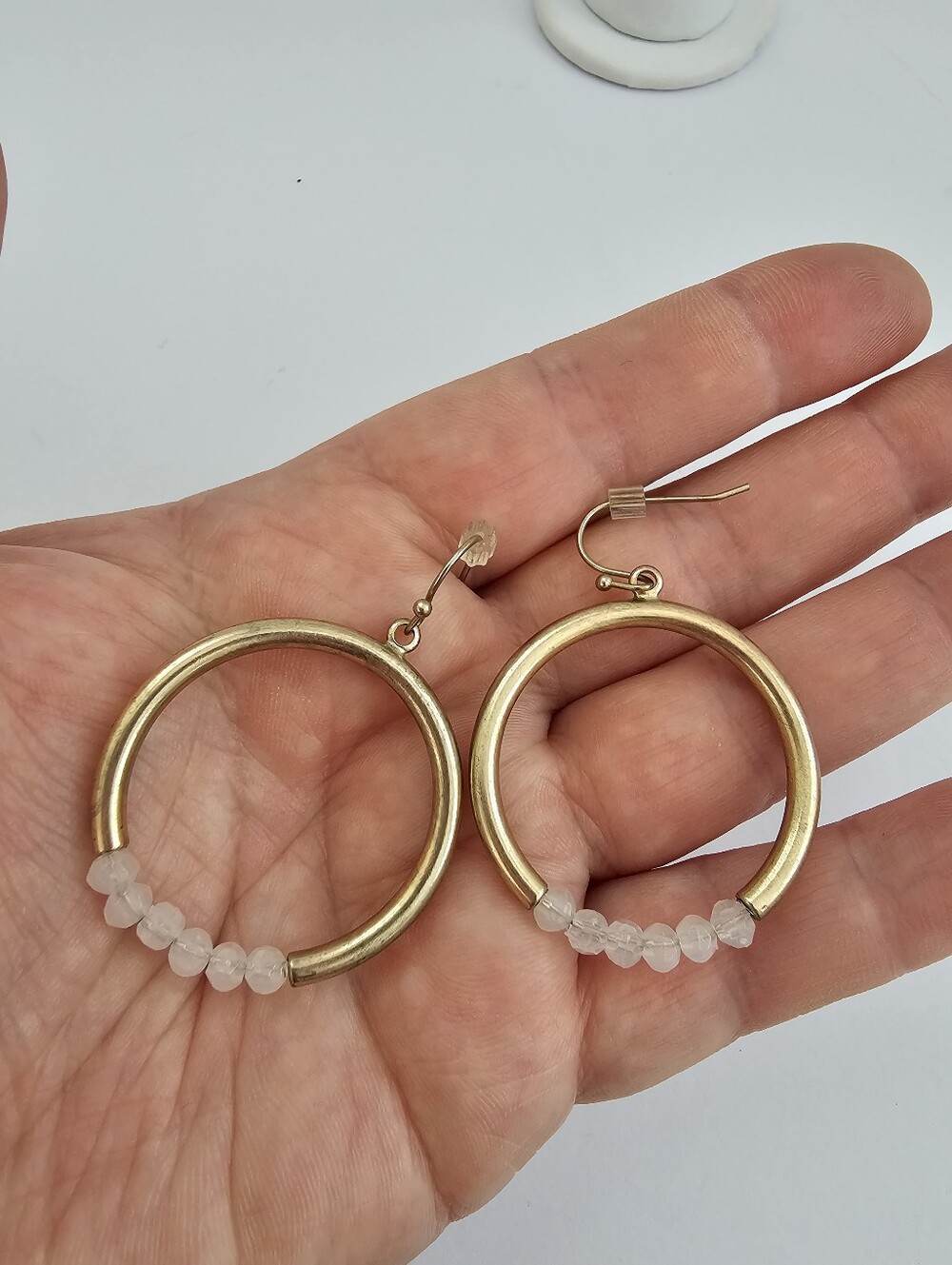 Matte Gold Crescent Hoop Earrings with Faceted Rose Quartz Rondelle Beads – 2"
